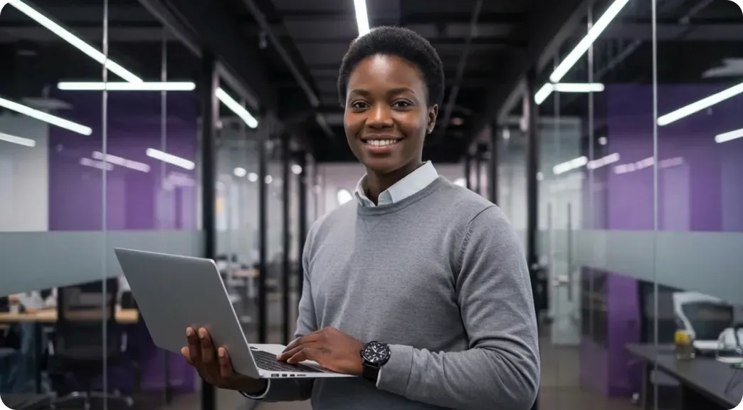 Mulher negra, vestindo um moletom cinza e com um notebook em mãos