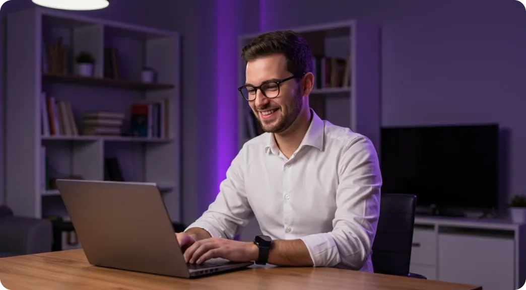 Homem com cabelo liso, óculos e blusa branca sentado em frene a um computador