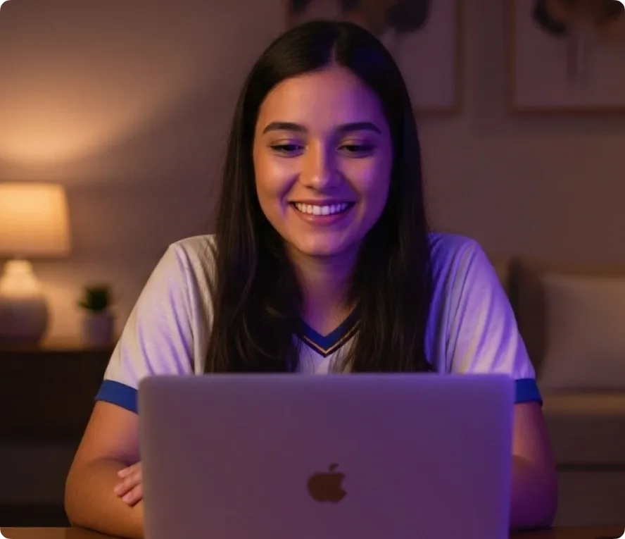 Mulher branca, com cabelos pretos lisos, rindo em frente a um macbook