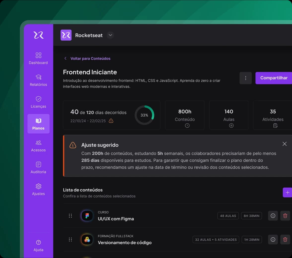 Customização de de trilhas dentro do dashboard para empresas da Rocketseat