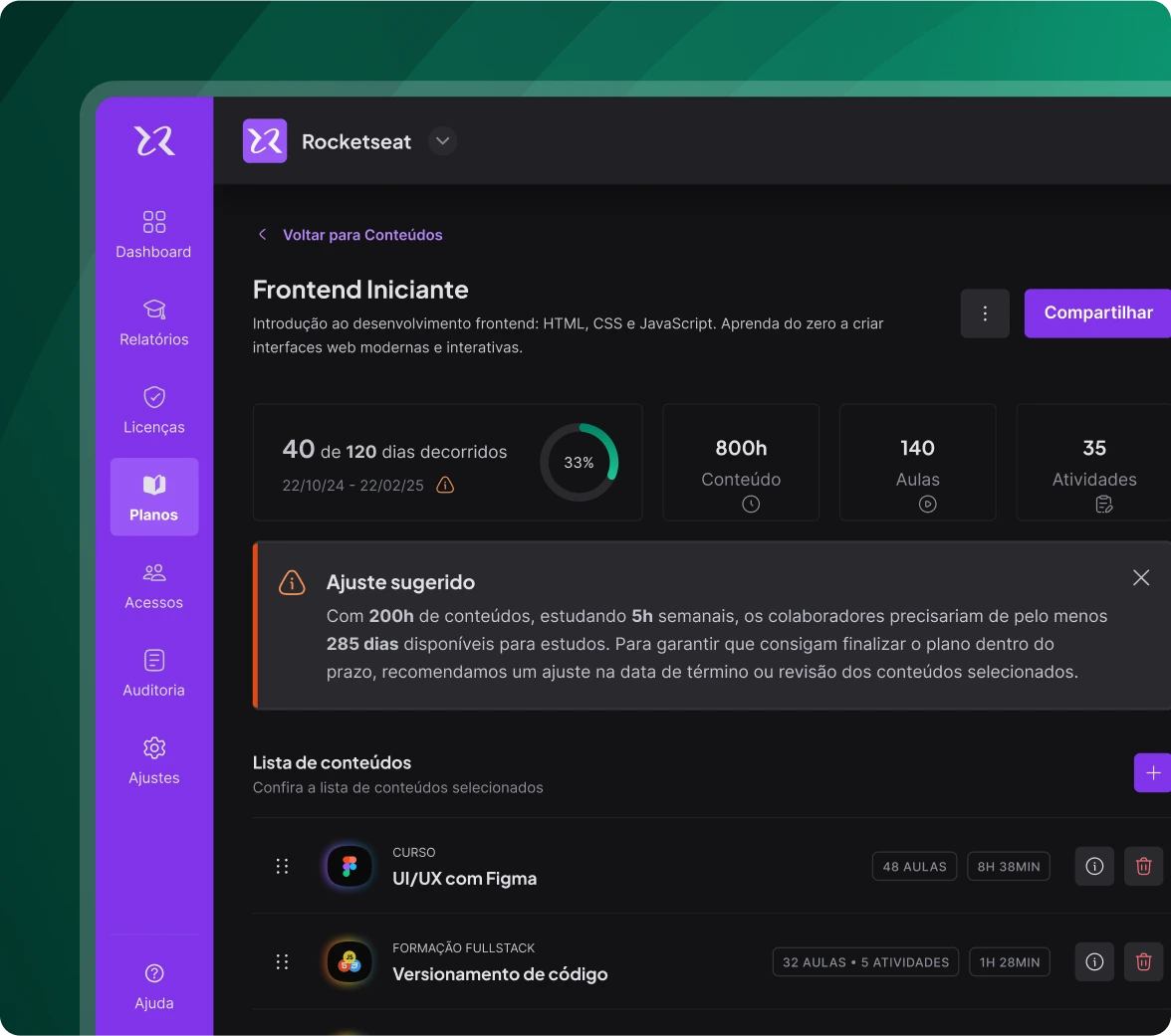 Customização de de trilhas dentro do dashboard para empresas da Rocketseat